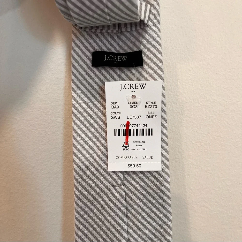 J. CREW Mens Tie Gray‎ WHITE STRIPED Sear Sucker Cotton Skinny NWT BZ270 3inch